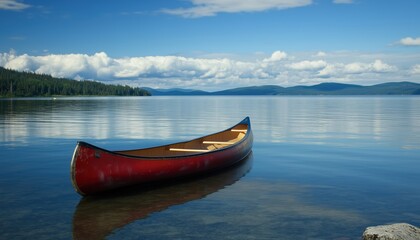 Fototapeta premium Calm Water Canoe Float: A Serene Image Of A Canoe Gracefully Gliding On Still Waters, Creating A Peaceful And Tranquil Scene.
