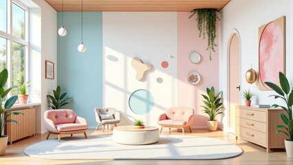 Fototapeta premium Stylish interior showcasing modern furniture and decor in bright pastel colors, perfect for creative quest studio. Concept embraces fresh aesthetics and inviting atmosphere