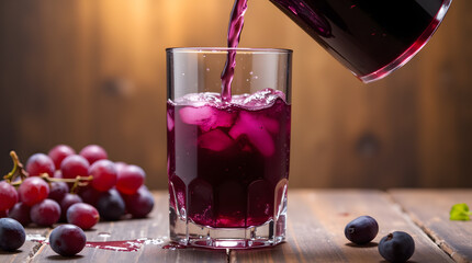 red grapes and glass of grape juice on wooden garden table, refreshing organic antioxidant beverage