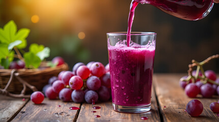 red grapes and glass of grape juice on wooden garden table, refreshing organic antioxidant beverage