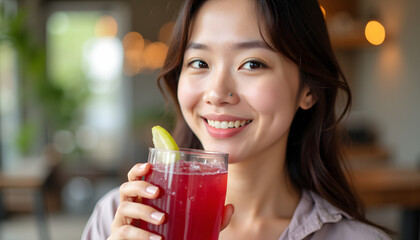 young woman with cocktail, red fruit juice