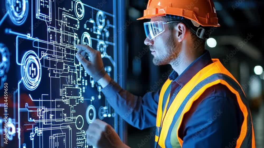 Poster engineer in safety gear interacting with digital interface in high-tech environment