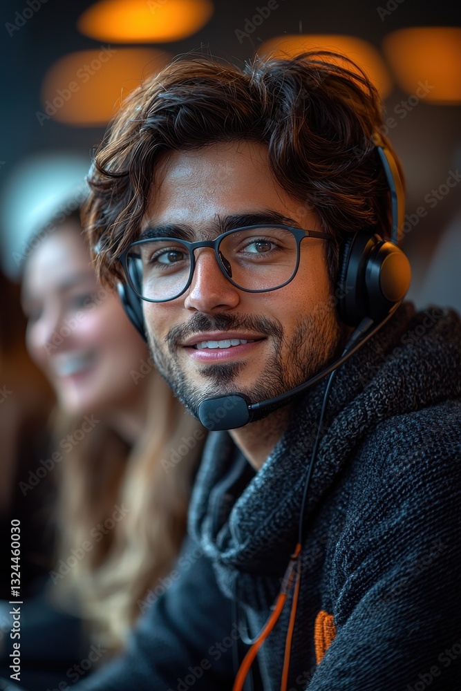 Poster smiling customer service agent with headset in professional environment