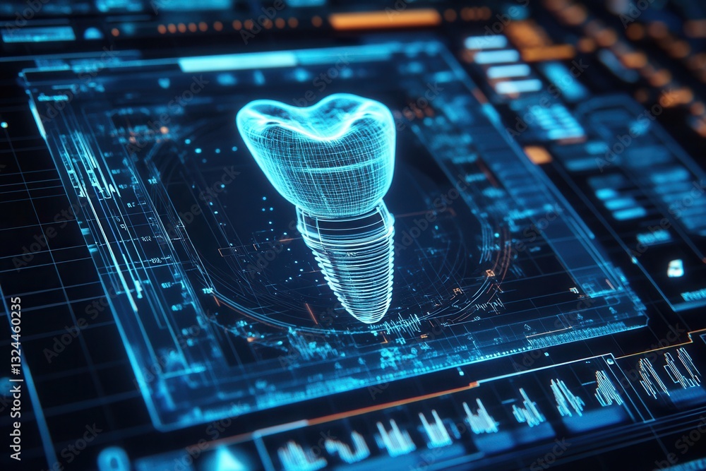Poster modern dental implant displayed through a holographic interface with 3d rotation and digital scannin