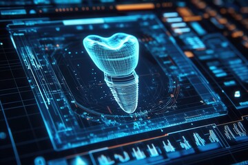 Modern dental implant displayed through a holographic interface with 3D rotation and digital scanning effects