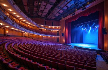 Elegant cruise ship theater interior with empty red seats, illuminated stage ready. Modern auditorium, architectural design for travel leisure, nautical vacation events. Roomy venue for theatrical