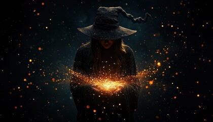 Abstract Dark Glitter Fire Particles Lights: Halloween Witch Theme With Fire Embers Particles And Sparks On Black Background - Poster Illustration