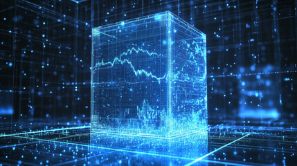 Naklejka premium Stock market or trading graph chart on technology blue background. Forex Japanese candlesticks as holograms. Finance and trade concept. Exchange metaphor. Low poly abstract vector illustration.