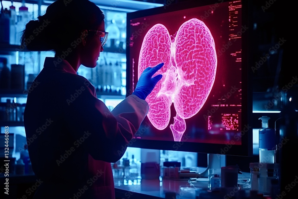 Poster medical scientist working with brain scan on computer in laboratory