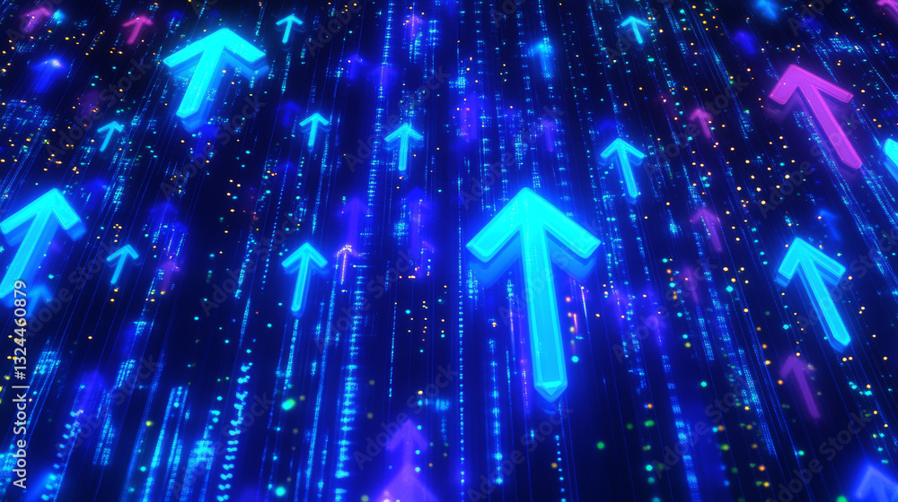 Poster up light arrow on technology blue background with copy space. abstract digital business growth conce