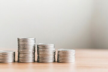 stacks of silver coins increasing in height from left to right on wooden surface symbolizing investment growth with