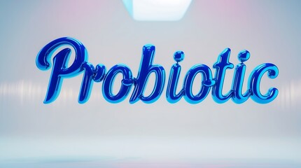 Bright blue typography spells probiotic, textural details and reflections.