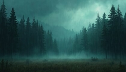 Rainy forest landscape background. Spruce trees in the fog. Moody nature scenery with meadow during rain in mountain woodland. Nature forest mystic atmosphere. Dark moody forest, rain weather.