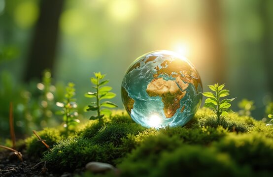 Earth globe lies on moss with green plants symbolizing nature power. Shiny world ball on fresh grass depicting eco awareness, green planet, sustainable energy, bio fuel, and environmental protection.