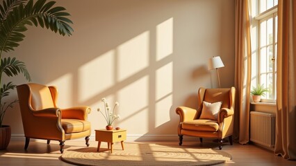 Fototapeta premium Cozy warm vintage interior for little ones featuring comfortable chairs, soft rug, and bright sunlight streaming through window. Concept focuses on warm vintage interior for little ones