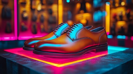 Elegant brown leather shoes displayed under vibrant neon lights in a stylish boutique