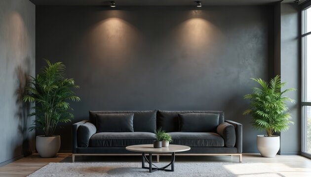 Inviting agency wall with modern furniture, plants for zoom call background. Dark grey wall color. Stylish office interior with elegant couch, round table on carpet. Minimalist design, green home