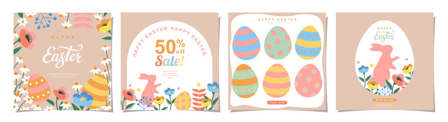 Happy Easter Set of Sale promotions, social media, greeting cards, posters, holiday covers. Trendy design with typography, hand drawn flowers, eggs and bunny, in vibrant colors. Vector background.