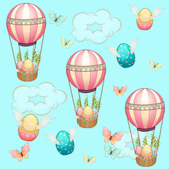 Seamless pattern with air balloons and Easter eggs
