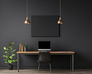 A workspace with an industrial minimalist design, featuring a sleek metal desk, hanging pendant lights, and an open layout