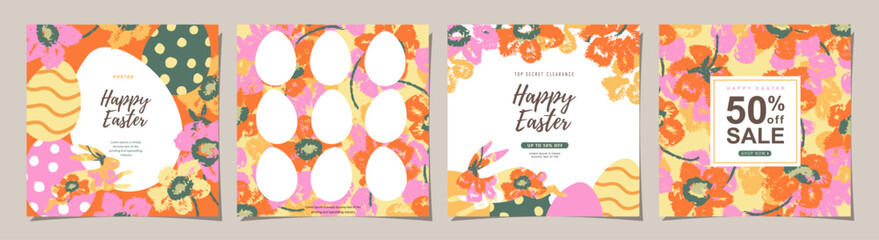 Happy Easter Set of Sale promotions, social media, greeting cards, posters, holiday covers. Trendy design with typography, hand drawn flowers, eggs and bunny, in vibrant colors. Vector background.
