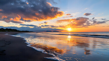 Golden Sunset Over Tranquil Beach with Gentle Waves and Colorful Cloudscape Reflecting on Wet Sand Creating a Serene Seascape