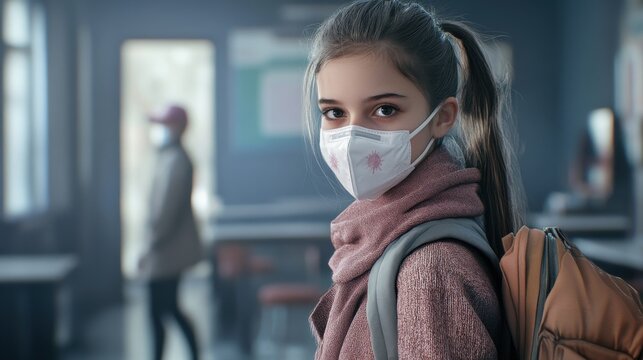 Small girl with face mask at school after covid-19 lockdown, disinfecting hands.
