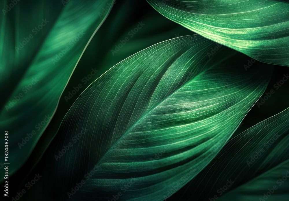 Poster close-up view of fresh green leaves with glossy texture and intricate veins displaying vibrant shade