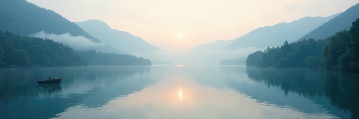 Fototapeta premium Soft light spreads across the lake's surface calm, water reflection, misty mountains, tranquil atmosphere