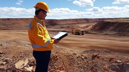 Mining engineer reviewing plans at an open-pit mine.