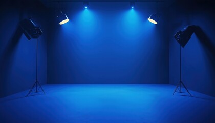 Spacious Studio With Blue Walls And Empty Stage For Showcasing Events Or Performances