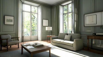 Obraz premium Elegant Living Room Interior With Large Windows Allowing Natural Light To Illuminate Comfortable Sofa Wooden Furniture and Decorative Objects