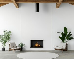 A luxurious minimalist industrial living space with plush furniture, steel beams, and a large open fireplace