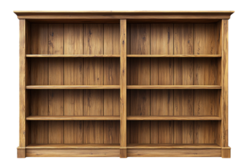 Stylish wooden bookshelf with roomy shelves for books and decor in a bright space isolated on transparent background
