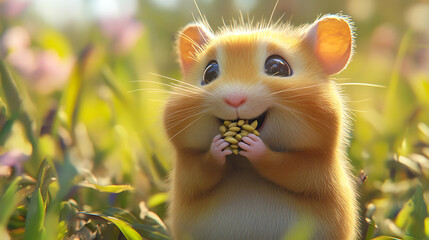 Fototapeta premium Realistic close-up animation of a golden hamster stuffing its tiny cheeks with seeds, its whiskers twitching in excitement 