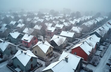 Fototapeta premium Aerial view of colorful townhouses covered in snow during winter season. Suburban neighborhood with residential houses, trees under fog, frost weather. Real estate investment in snowfall season. Cold
