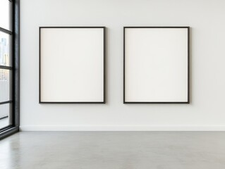 A minimalist art gallery with an industrial touch, featuring raw metal frames, open white walls, and clean lines