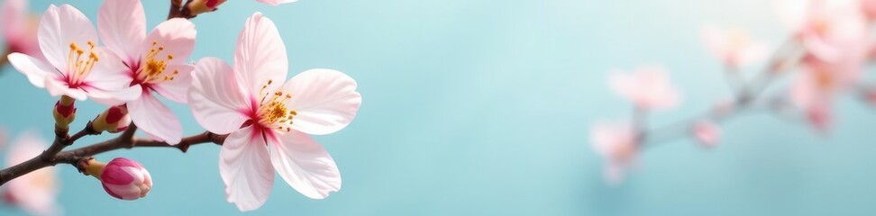 Soft peach blossom against pale blue background, pastel colors, calm atmosphere, serene landscape