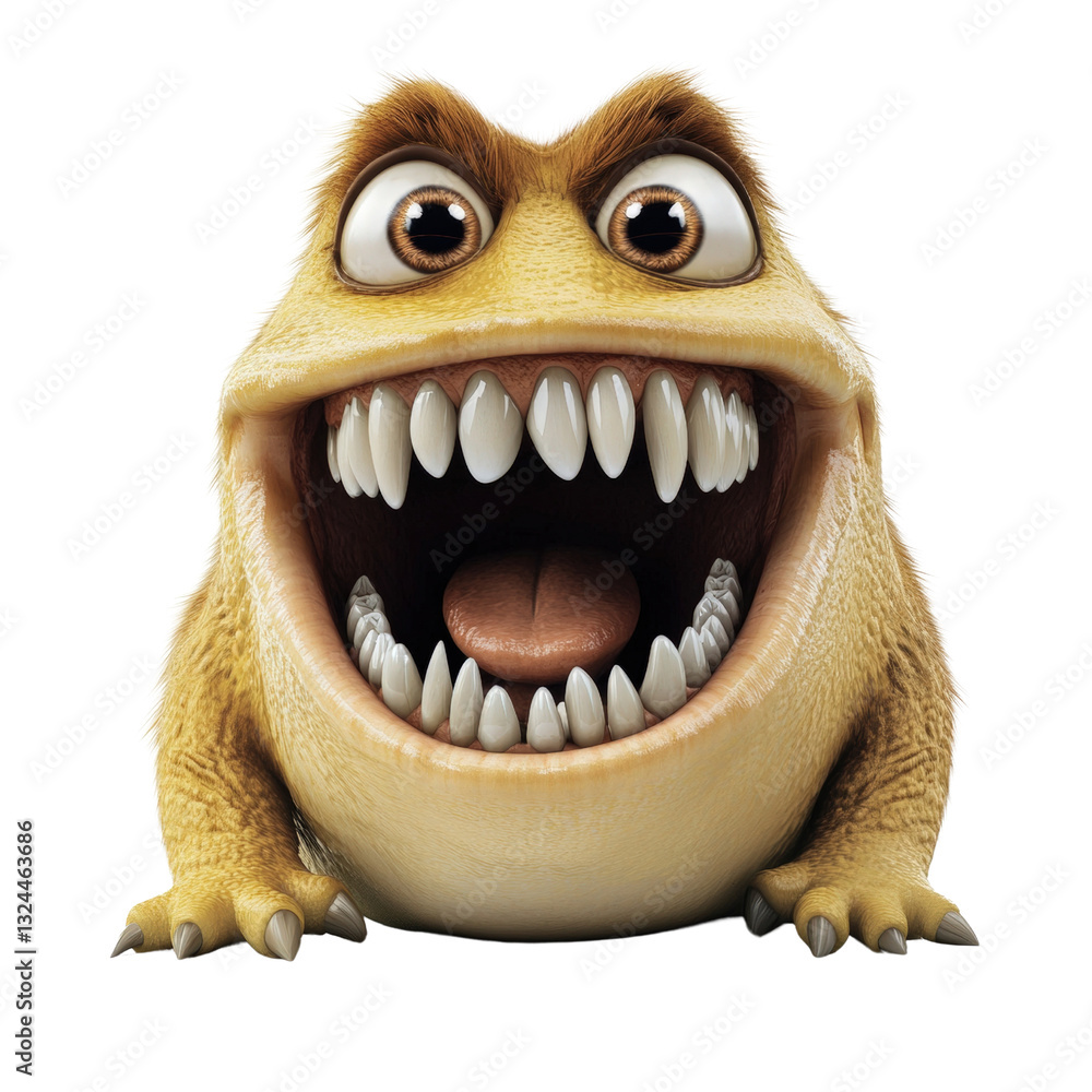 Poster whimsical smiling yellow monster with big eyes and playful expression capturing fun and joy in a col