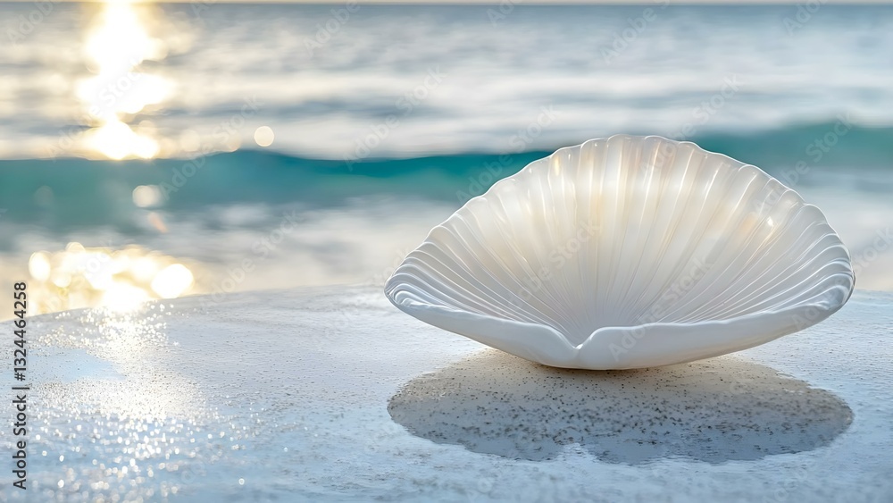 Poster a white shell placed on a surface with a blurred ocean and sparkling water in the background. concep