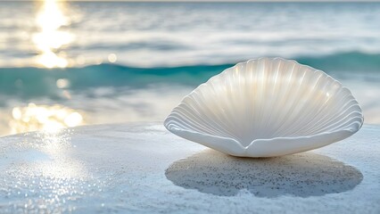 A white shell placed on a surface with a blurred ocean and sparkling water in the background. Concept Coastal Aesthetics, Nature Photography, Shell Details, Ocean Background, Sparkling Water