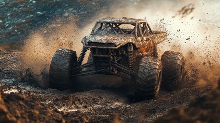 Mud-splattered monster truck powers through a muddy terrain, splashing dirt and dust.