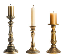 Vintage brass candlestick holder standing with candle isolated on white or transparent background