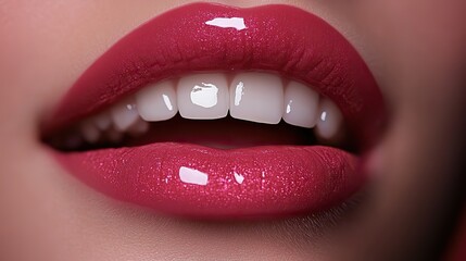 Obraz premium Beautiful full lips with pink lipstick and gloss show perfect teeth, symbolizing beauty and dental care.