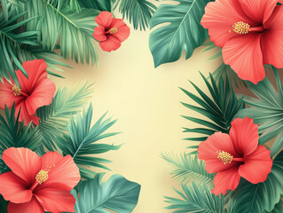 Naklejka premium Tropical leaves and red hibiscus flowers on yellow background,Illustration Summer Blank Background For Copy Space For Text