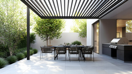 Modern Outdoor Patio Dining Area With Pergola Shade Lush Green Garden and Concrete Pavers in a Luxurious Home