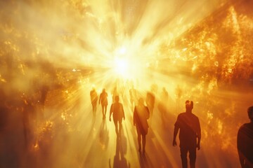 Fototapeta premium Golden sunbeams pierce through vibrant clouds as joyful silhouettes bask in dynamic energy during a vibrant sunset gathering