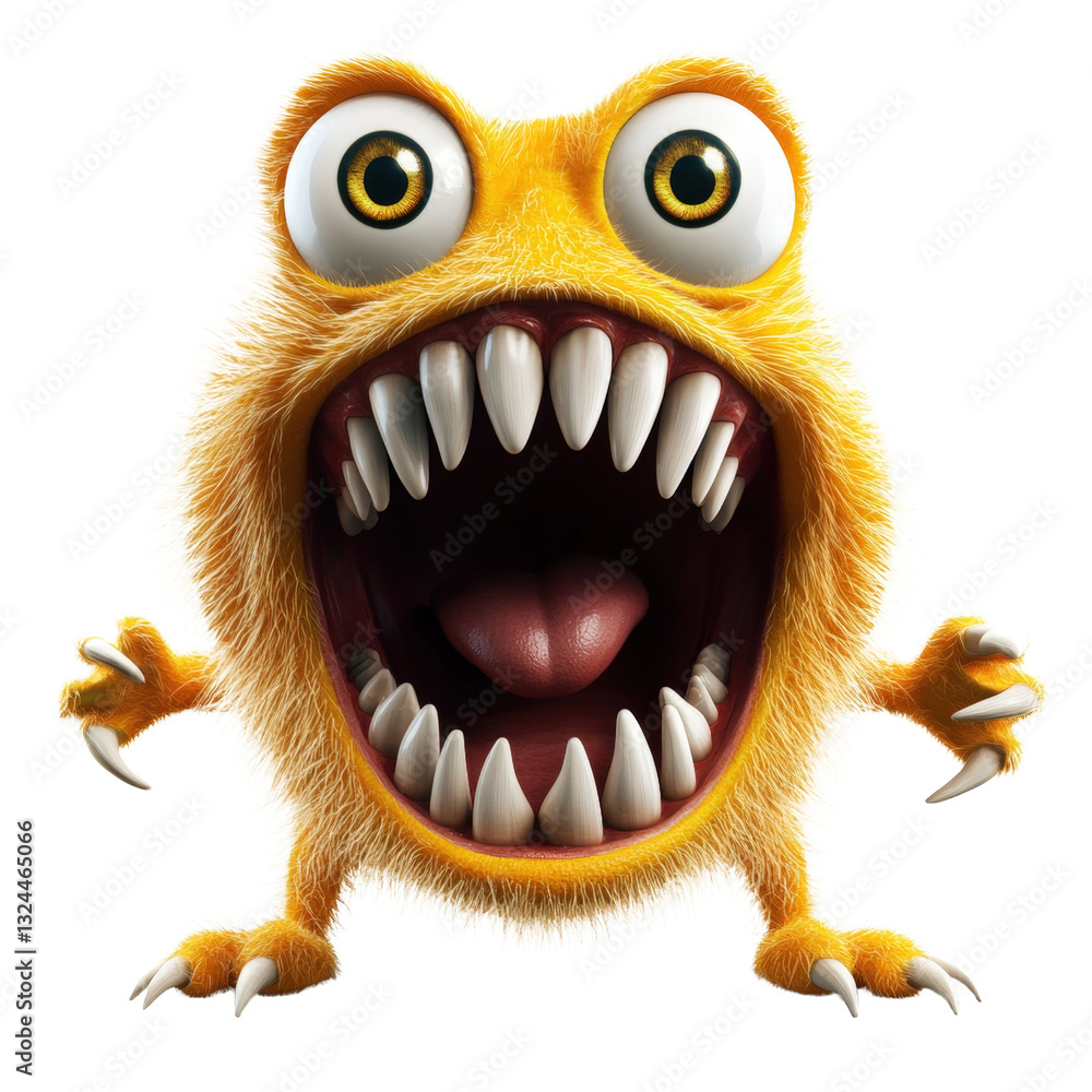 Poster whimsical furry monster with its mouth open displaying a playful expression and colorful appearance 