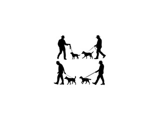 A collection of silhouettes of people walking dogs on leashes, black and white silhouettes of people walking dogs.