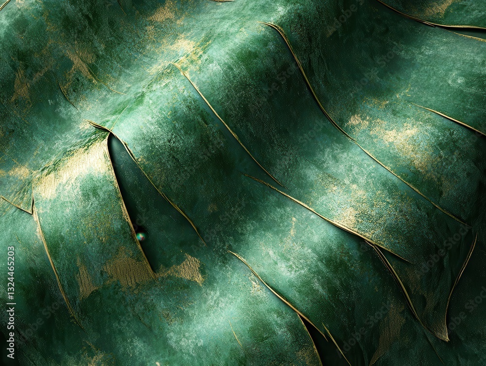 Poster close-up view of textured green surface with golden accents and natural patterns, ideal for backgrou